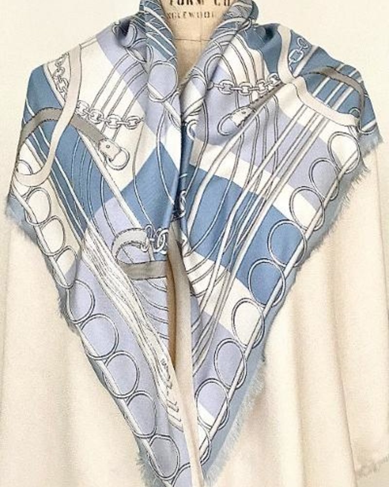 VENEZIA BLUE SILK PRINTED TRIANGLE - IVORY CASHMERE SCARF