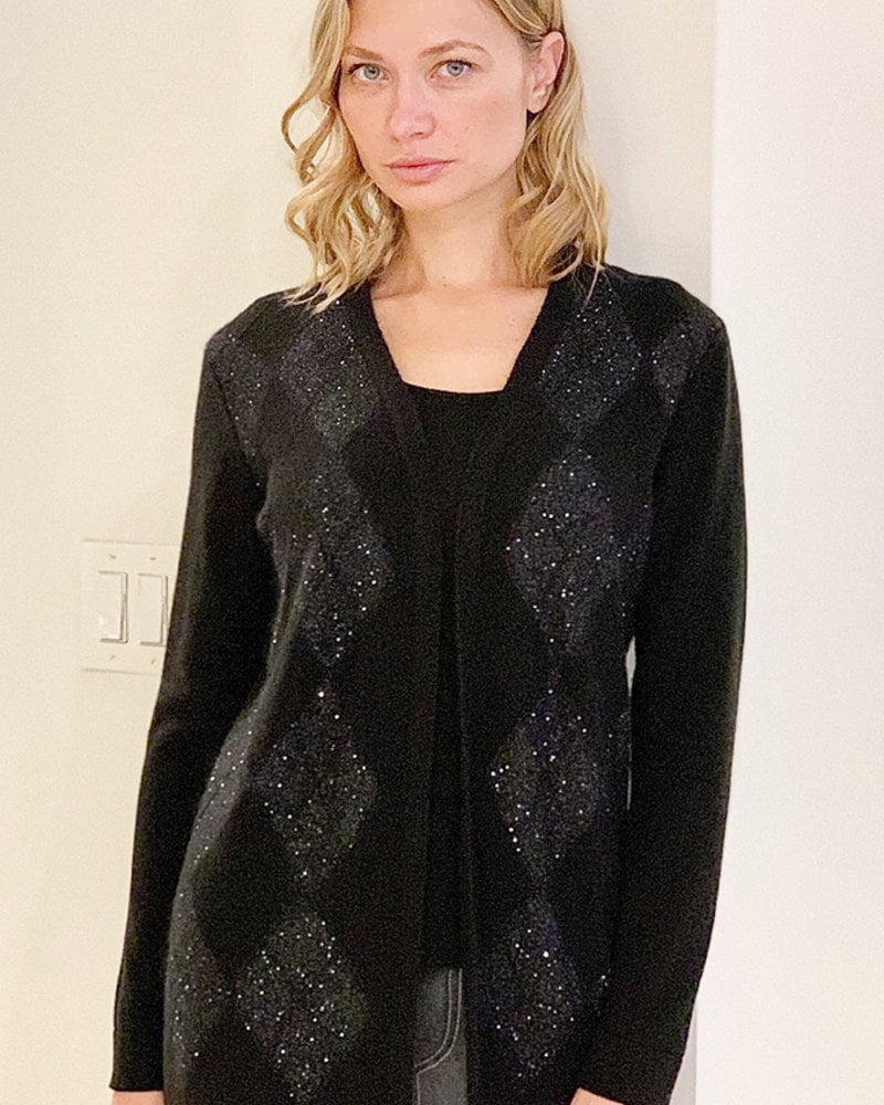 CASHMERE CARDIGAN WITH EMBELLISHED ARGYLE WEAVE: BLACK