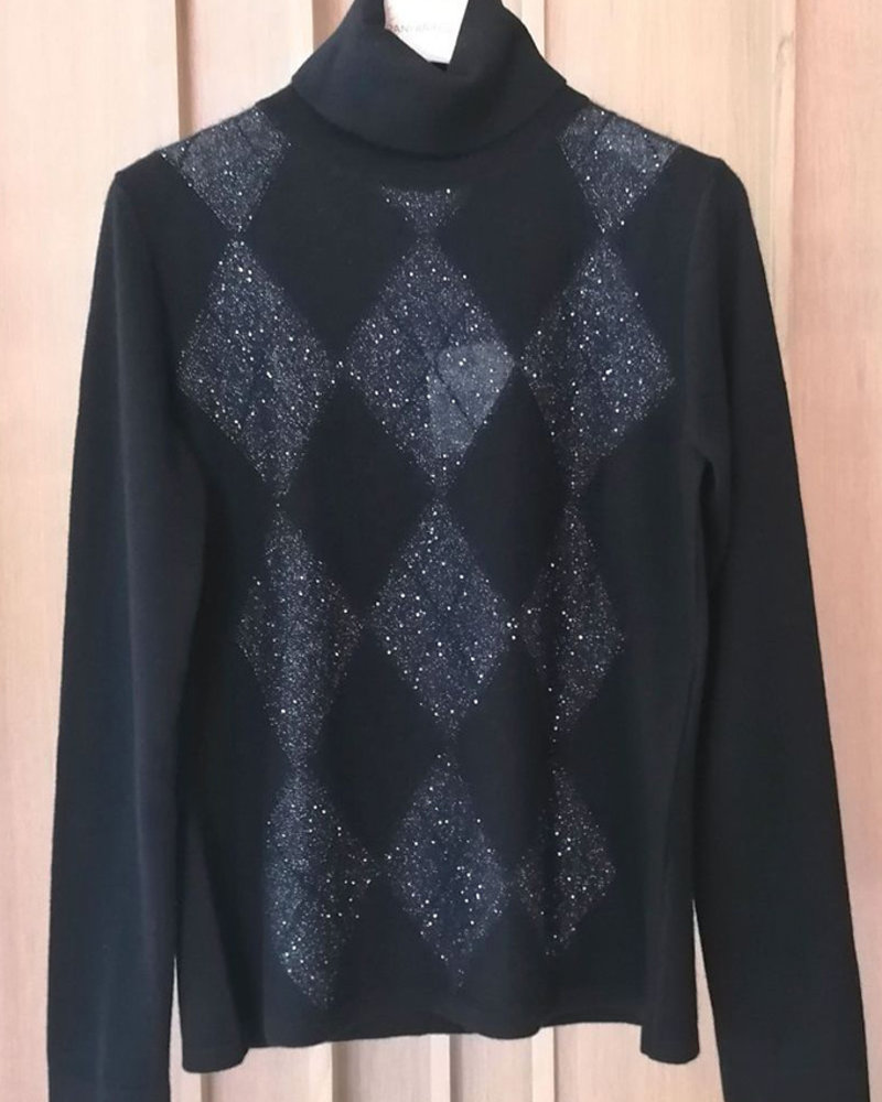 CASHMERE ROLL NECK WITH ARGYLE SEQUINS: BLACK