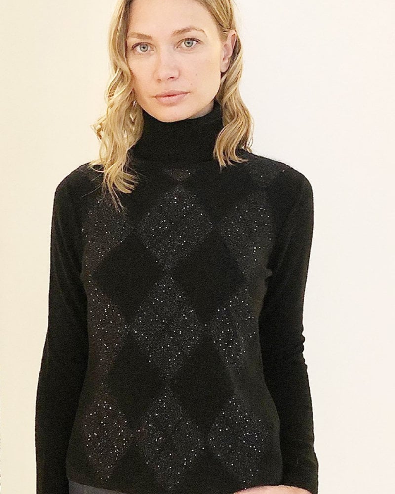 CASHMERE ROLL NECK WITH ARGYLE SEQUINS: BLACK