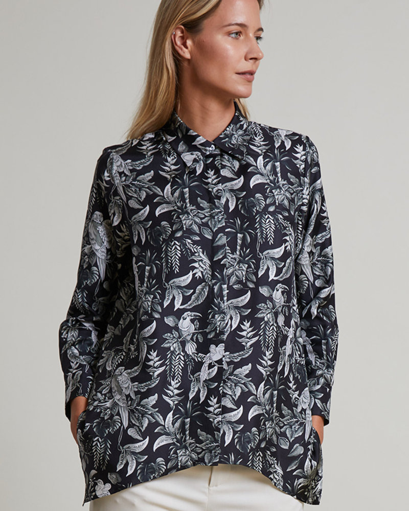 SILK PRINTED SHIRT: BIRD-BLACK