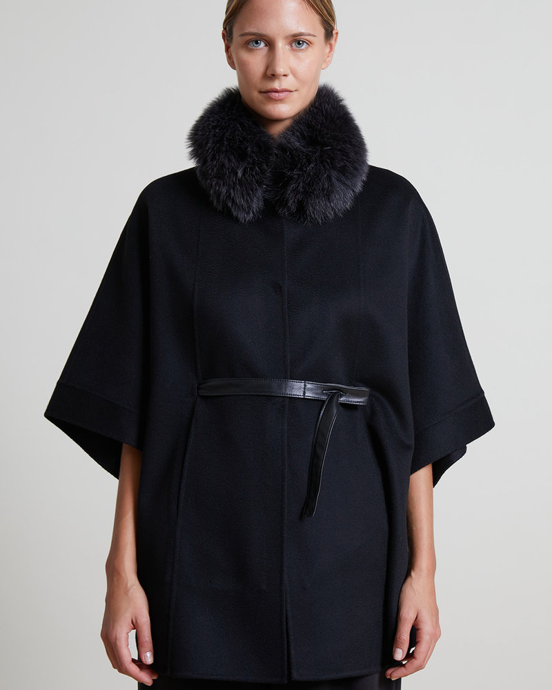 DOUBLE FACE CASHMERE CAPE WITH BELT: BLACK