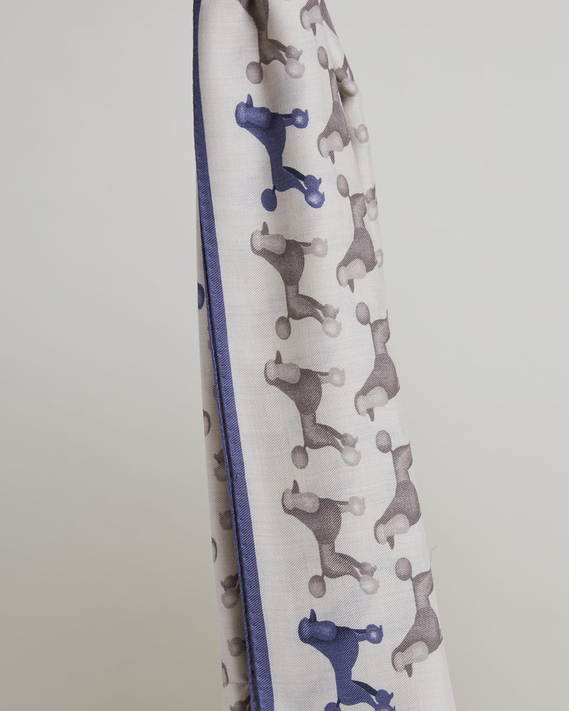 CASHMERE PRINTED SCARF: POODLES: GRAY-BLUE