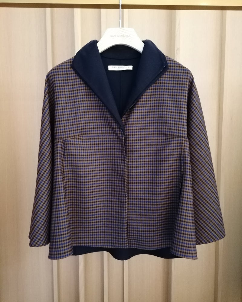 PIED DE POULE A LINE JACKET: BROWN-MIDNIGHT BLUE PLAID