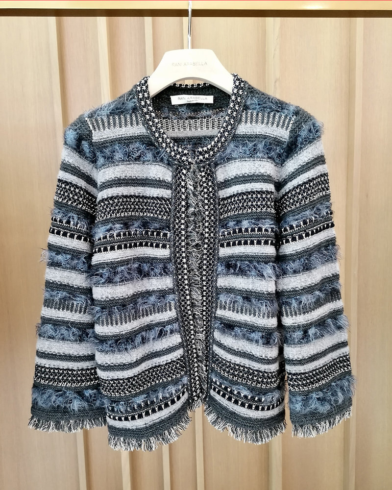 KNIT STRIPED JACKET WITH FRINGES: ANTHRACITE TONES