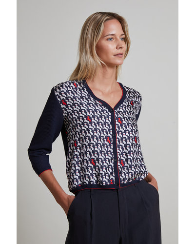 COTTON V-NECK CARDIGAN WITH PRINTED SILK FRONT: BASSET