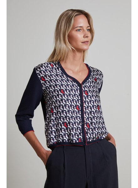 COTTON V-NECK CARDIGAN WITH PRINTED SILK FRONT