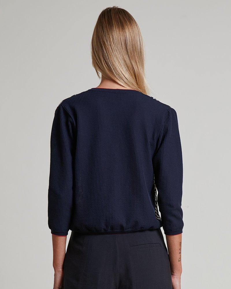 COTTON V-NECK CARDIGAN WITH PRINTED SILK FRONT: BASSETS MIDNIGHT BLUE-NAVY