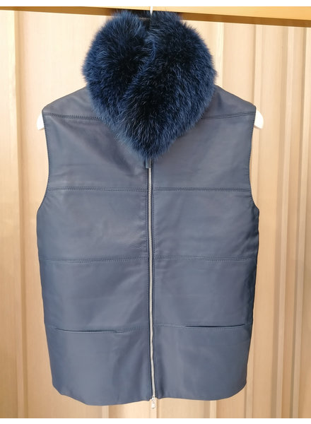 LEATHER VEST WITH FOX COLLAR AND CASHMERE NAVY