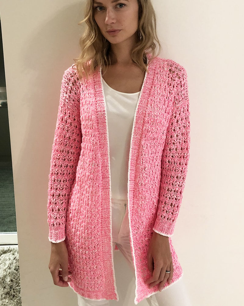 OPEN WEAVE COTTON LONG CARDIGAN: FUCHSIA-WHITE