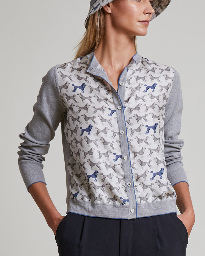 PRINTED SILK-COTTON KNIT CARDIGAN: POODLE: GRAY