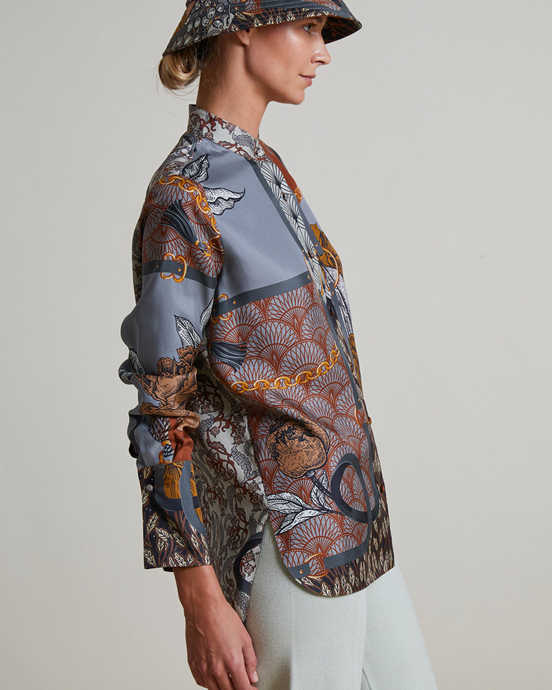 SILK PRINTED BUTTON DOWN SHIRT: LEOPARD: BROWN