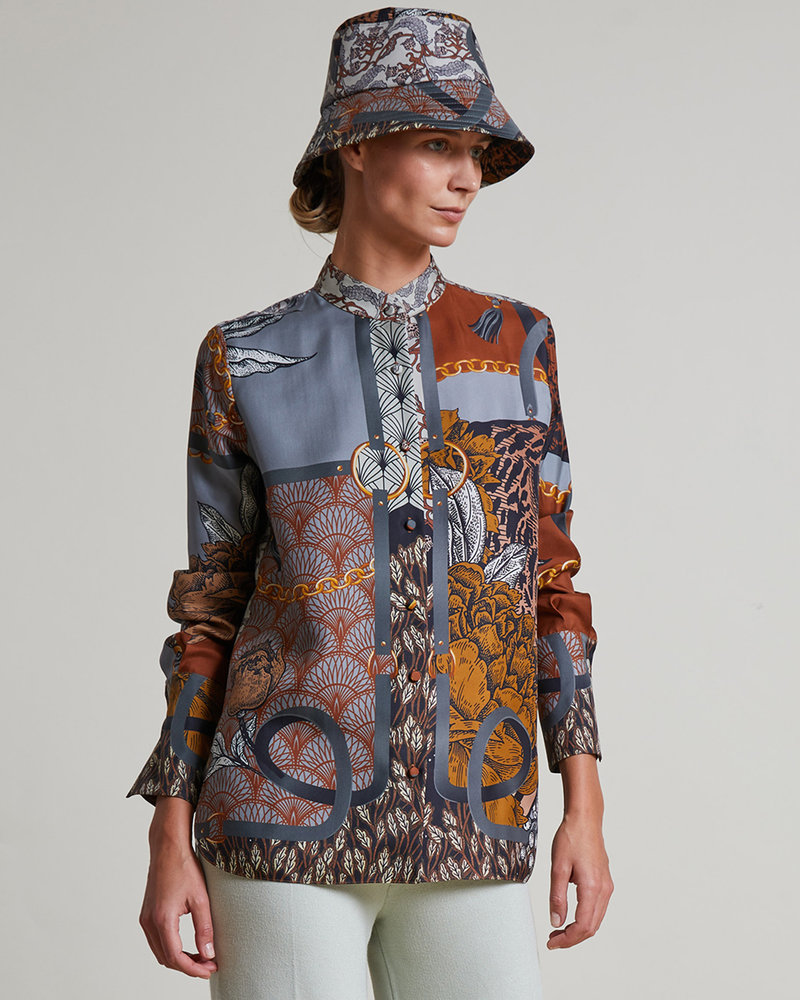 SILK PRINTED BUTTON DOWN SHIRT: LEOPARD: BROWN