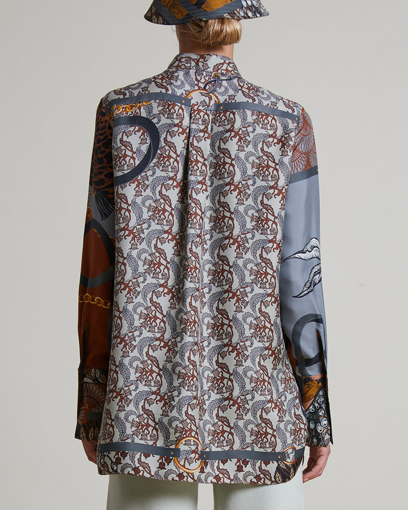 SILK PRINTED BUTTON DOWN SHIRT: LEOPARD: BROWN