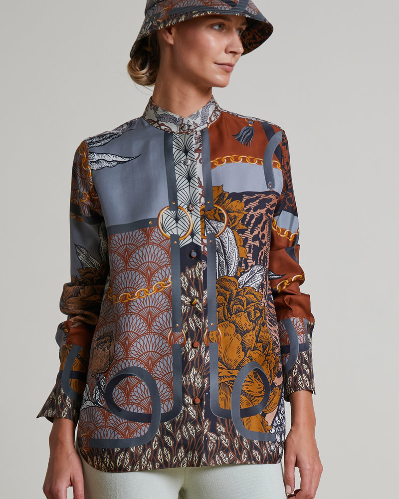 SILK PRINTED BUTTON DOWN SHIRT: LEOPARD: BROWN