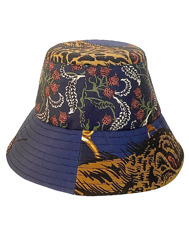 PRINTED SILK BUCKET HAT: LEOPARD: NAVY