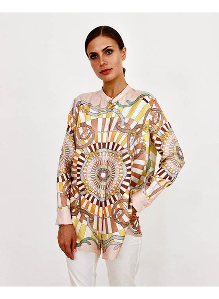 COLLARLESS SILK PRINTED SHIRT