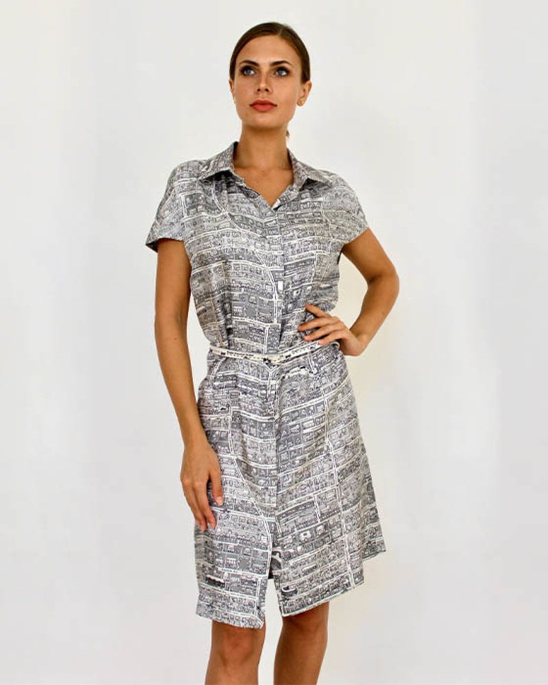 SILK PRINT TUNIC WITH BELT: PALM BEACH BLACK