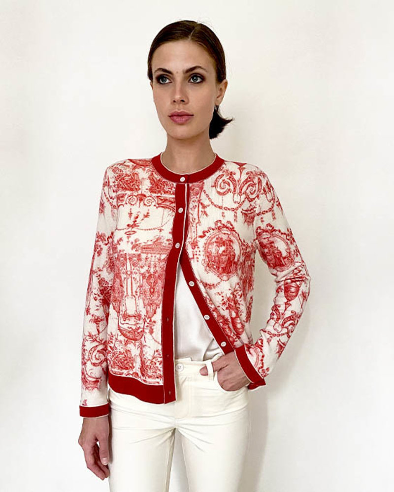 CASHMERE PRINTED CARDIGAN: TOILE DU JOUY-HIBISCUS RED