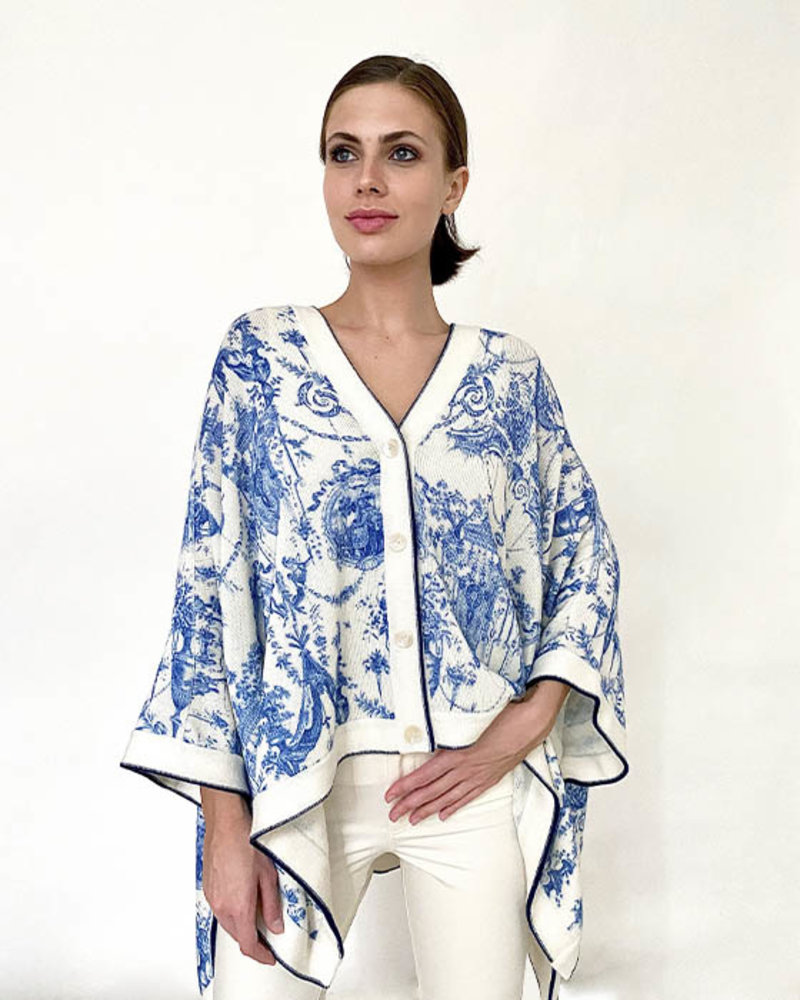 CASHMERE PRINTED PONCHO: TOILE DU JOUY-HIBISCUS BLUE: