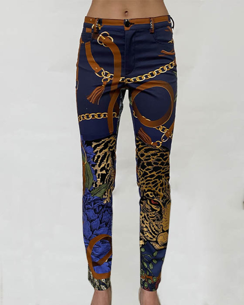 COTTON PRINTED PANTS: LEOPARD-NAVY