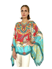 PRINTED CASHMERE PONCHO: TOY HORSES: TURQUOISE