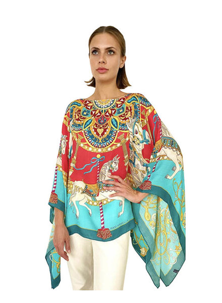 PRINTED CASHMERE PONCHO: TOY HORSES: TURQUOISE