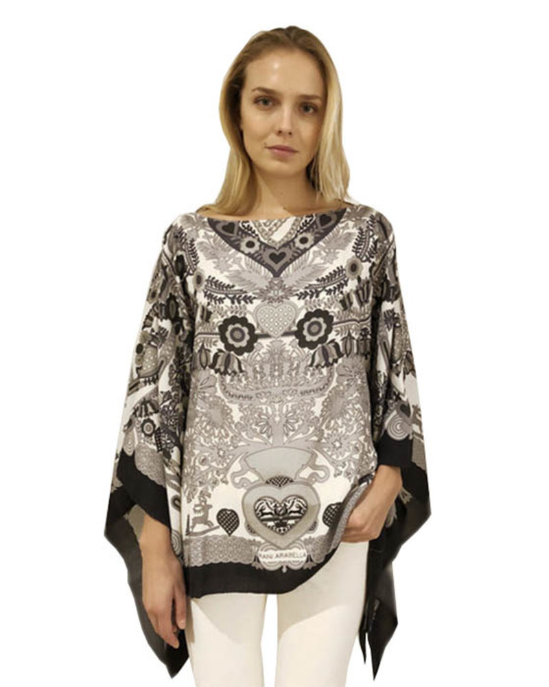 CASHMERE PRINTED PONCHO: ELIZABETH: BLACK-GRAY