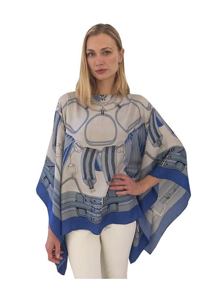 CASHMERE PRINTED PONCHO: STIRRUPS: AZURE