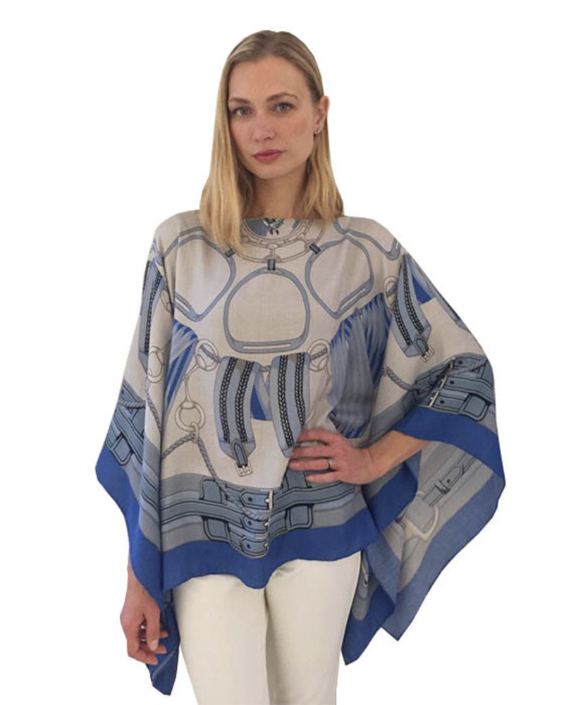 CASHMERE PRINTED PONCHO: STIRRUPS: AZURE