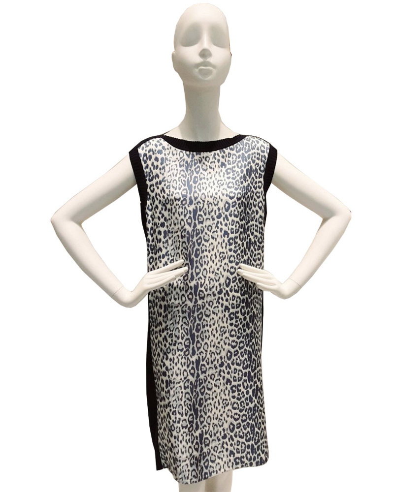 SILK SCARF PRINT DRESS W/ COTTON KNIT: LEOPARD-BLUE