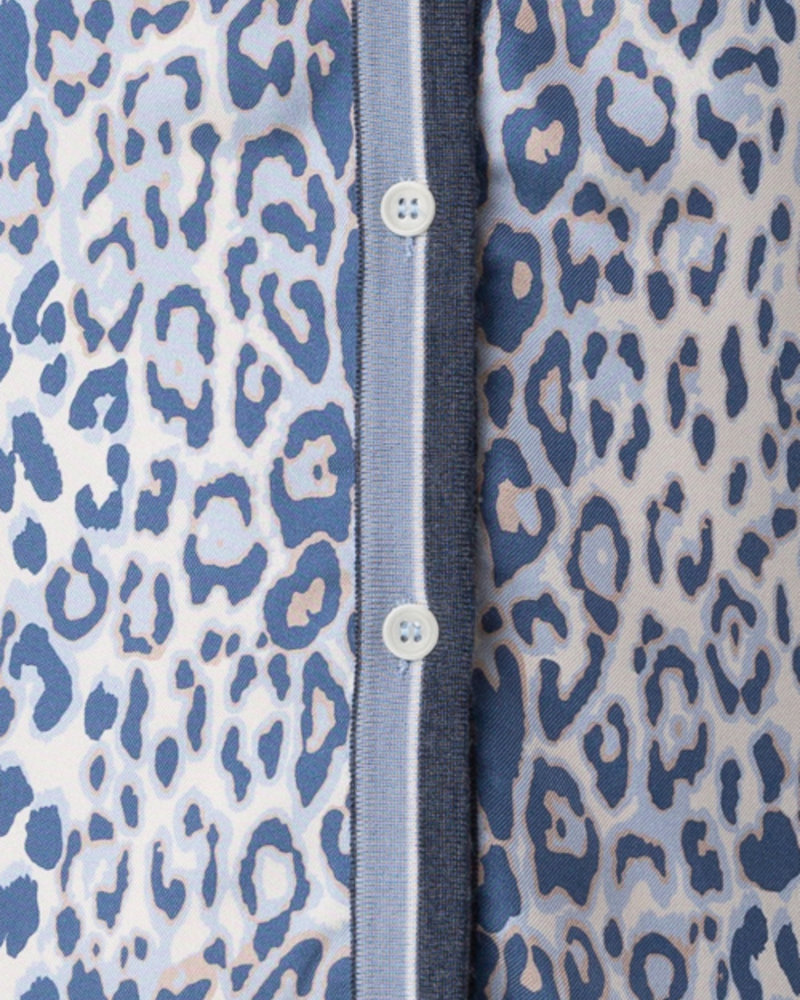 CASHMERE KNIT CARDIGAN WITH SILK PRINT: LEOPARD: BLUE