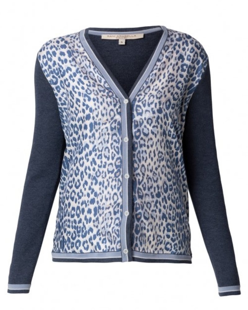 CASHMERE KNIT CARDIGAN WITH SILK PRINT: LEOPARD: BLUE