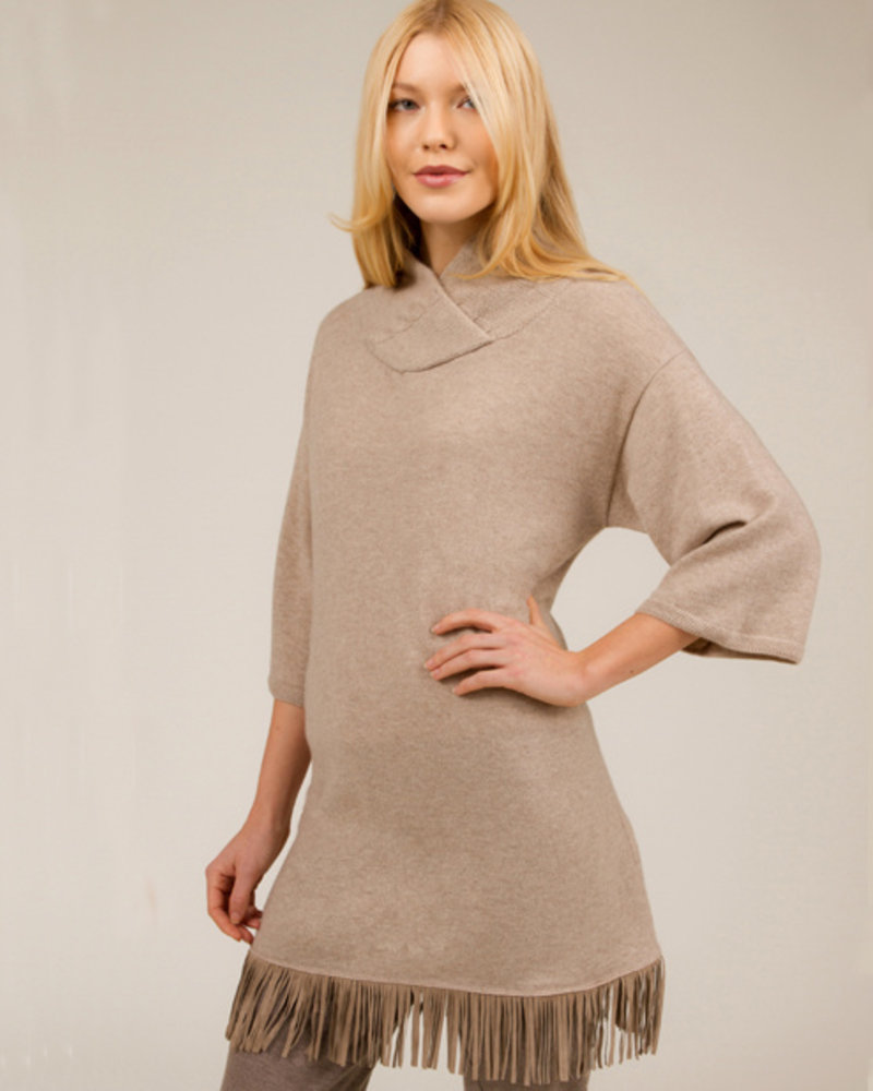 SWEATER DRESS WITH SUEDE FRINGE DETAIL:  100% CASHMERE: CAMEL