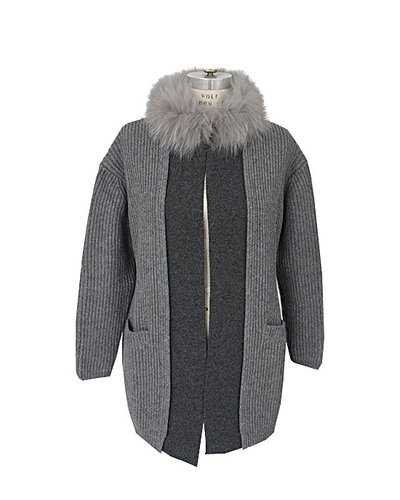 KNIT LONG COAT W/ FOX COLLAR, GRAY