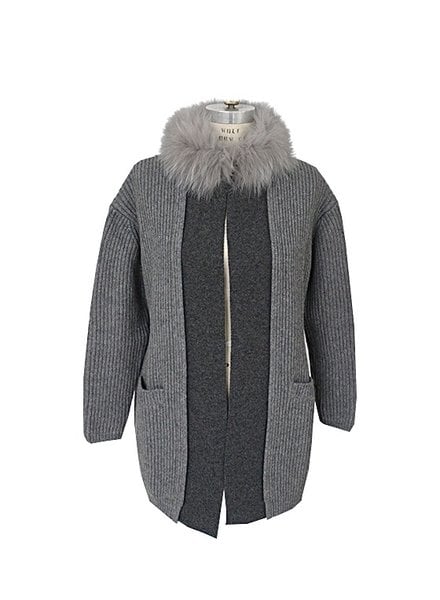 KNIT LONG COAT W/ FOX COLLAR, GRAY