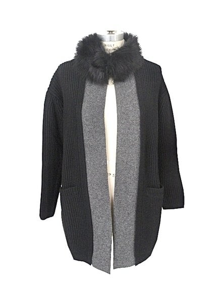 KNIT LONG COAT W/ FOX COLLAR, BLACK