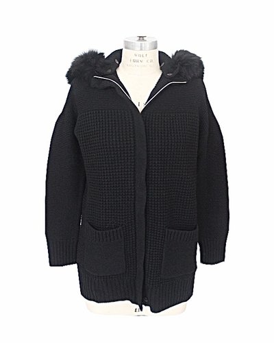 KNIT CASHMERE COAT WITH FOX TRIM HOOD: BLACK - RANI