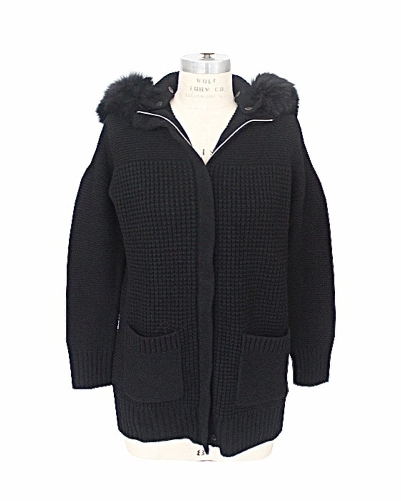 KNIT CASHMERE COAT WITH FOX TRIM HOOD: BLACK