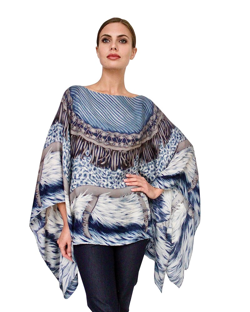 CASHMERE PRINTED PONCHO: FEATHERS: BLUE