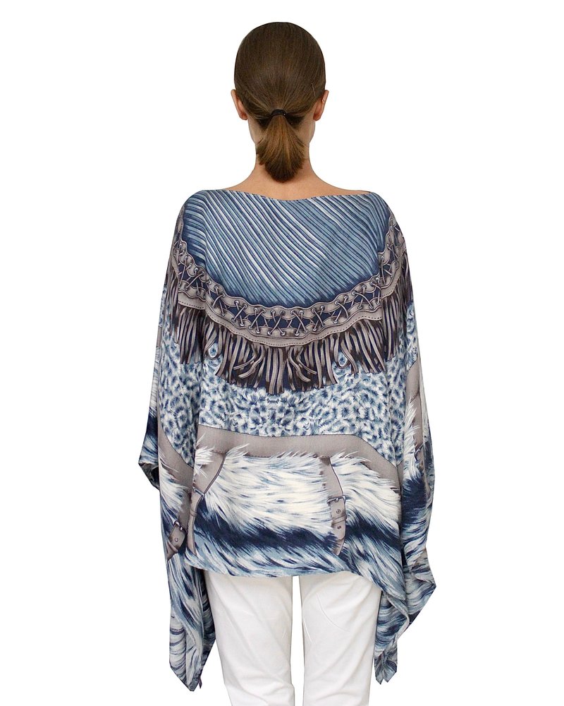 CASHMERE PRINTED PONCHO: FEATHERS: BLUE