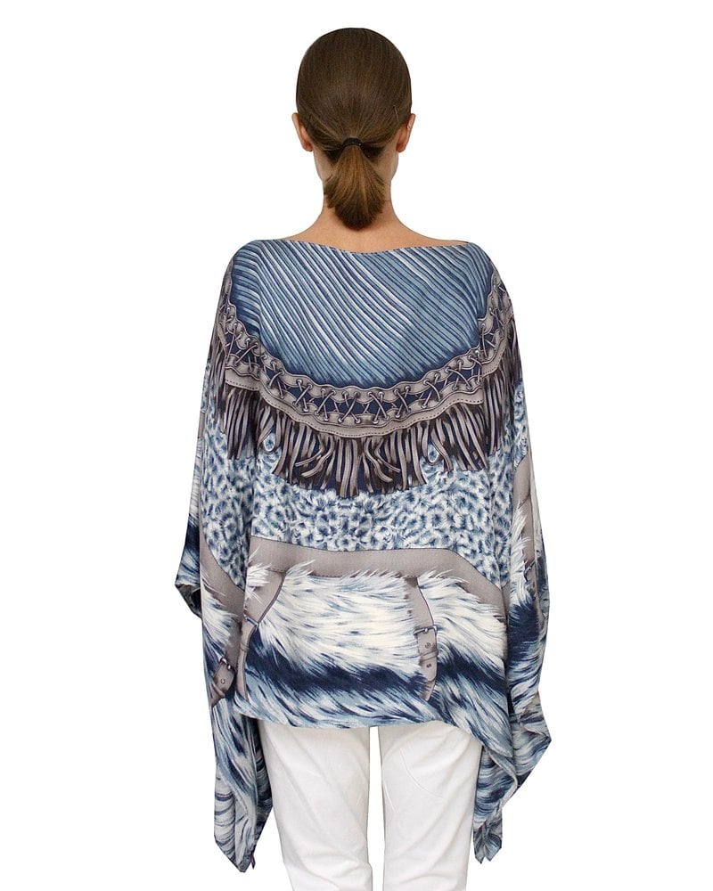 PRINTED CASHMERE PONCHO: FEATHERS: BLUE