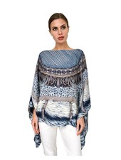 CASHMERE PRINTED PONCHO: FEATHERS: BLUE