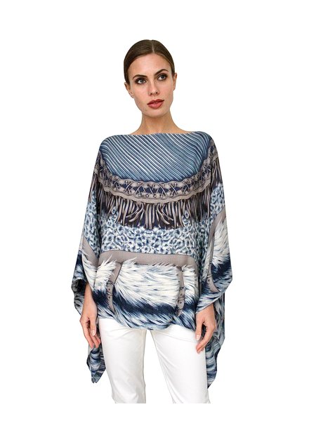 PRINTED CASHMERE PONCHO: FEATHERS: BLUE