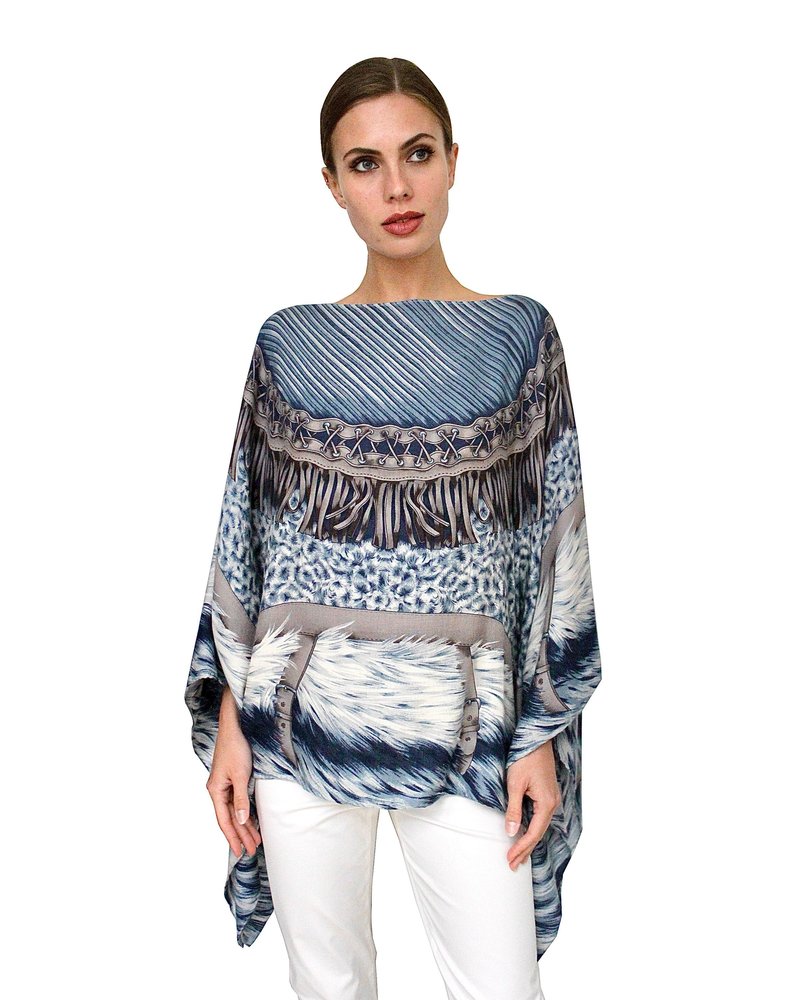 CASHMERE PRINTED PONCHO: FEATHERS: BLUE