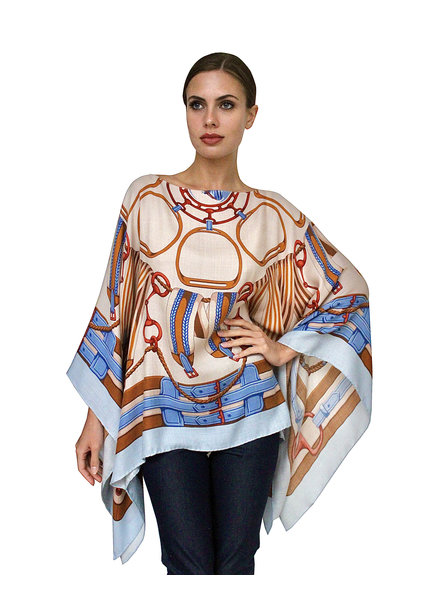 CASHMERE PRINTED PONCHO: STIRRUPS: FOG BLUE