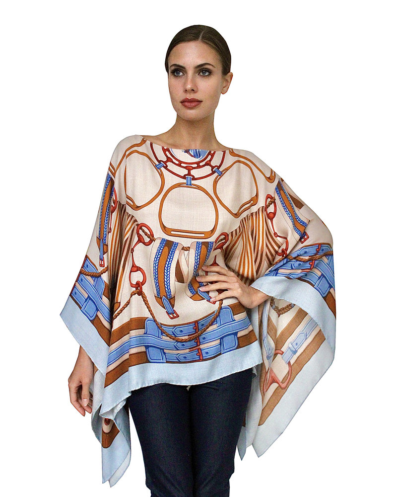 CASHMERE PRINTED PONCHO: STIRRUPS: FOG BLUE