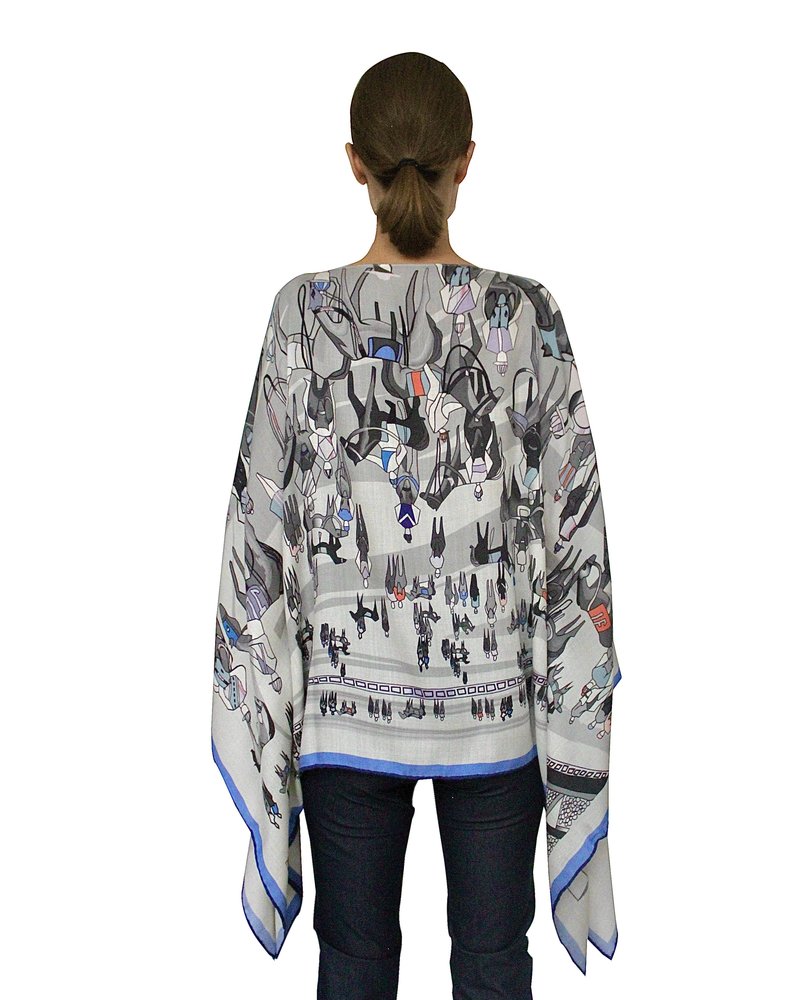 PRINTED CASHMERE PONCHO: AFTER THE RACE:BLUE