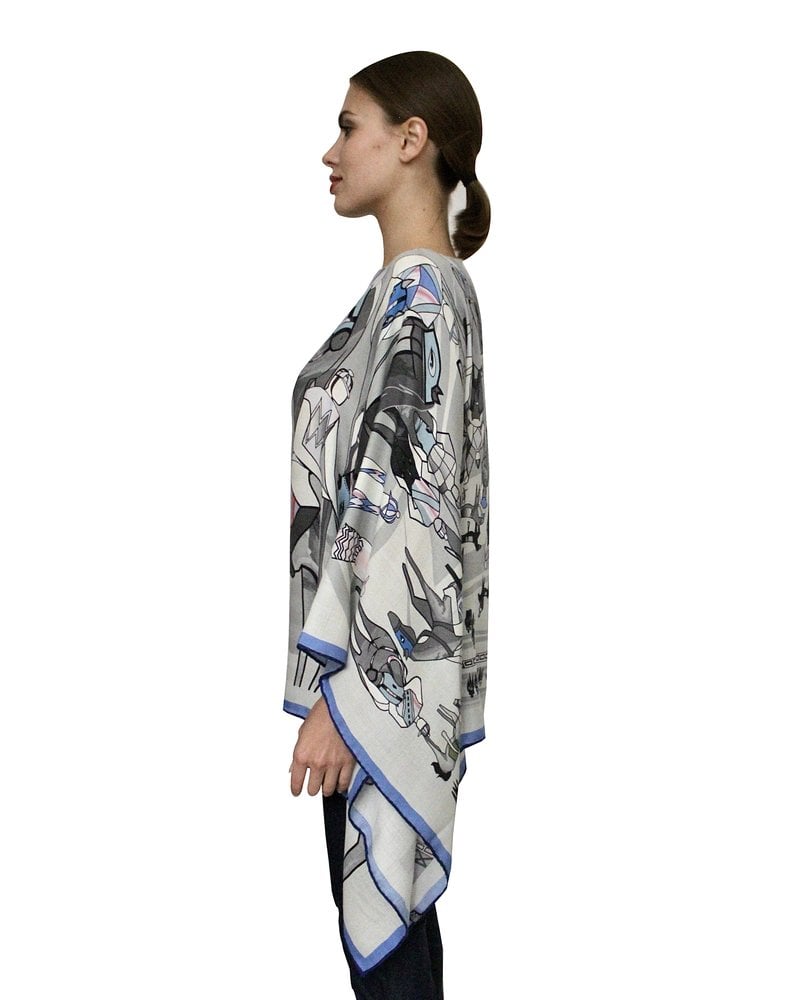 PRINTED CASHMERE PONCHO: AFTER THE RACE:BLUE