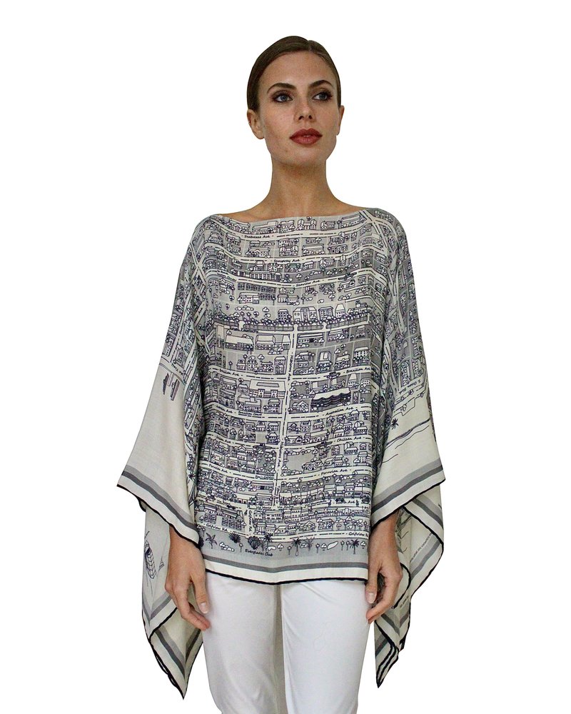 CASHMERE PRINTED PONCHO: PALM BEACH: BLACK